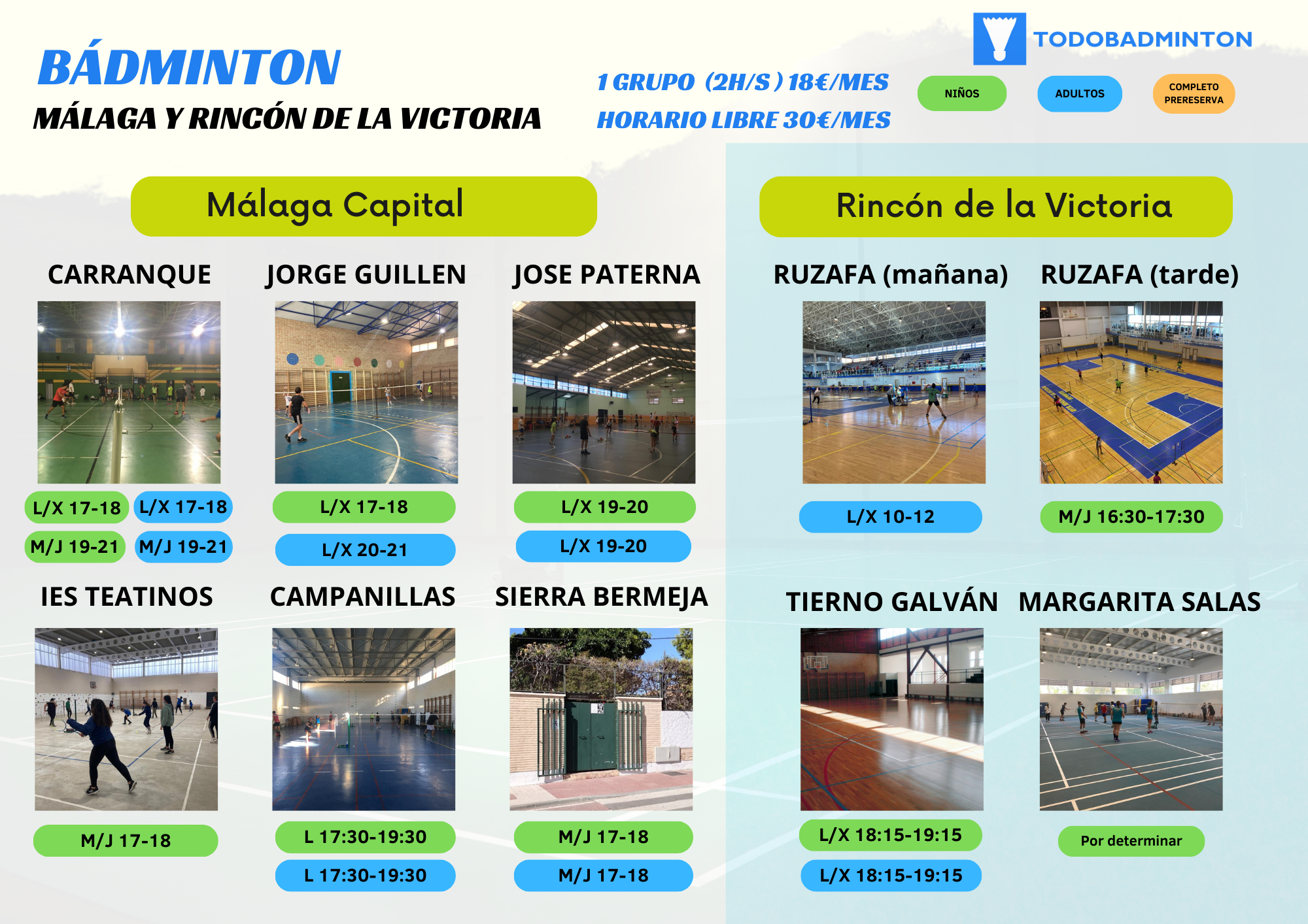 grupos y escuelas de bádminton Málaga capital y Rincón de la Victoría