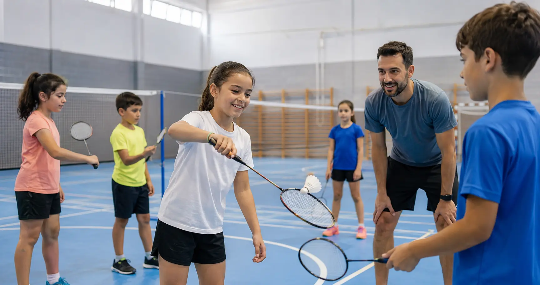 Niños aprendiendo bádminton con su entrenador en una escuela deportiva