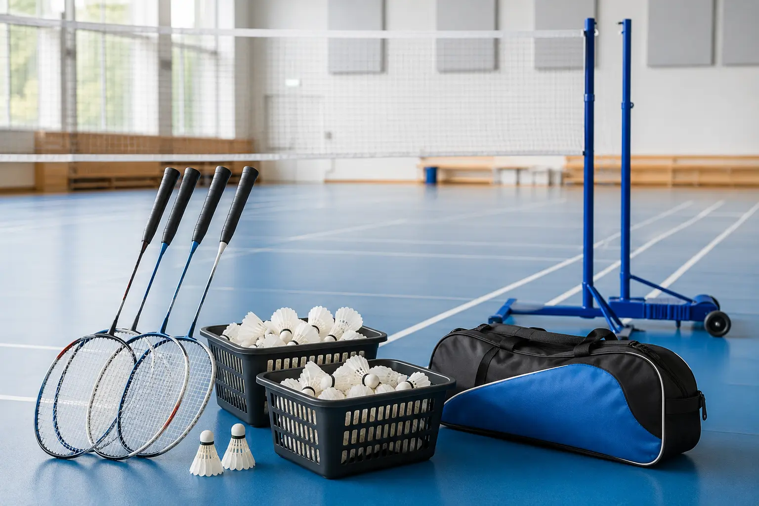 Material de bádminton preparado para actividades en centros educativos